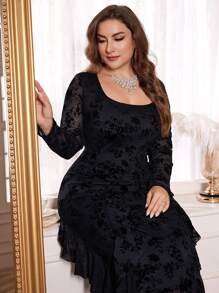 Modelyn 大码女式花卉网眼拼接荷叶边领长袖优雅连衣裙，优雅 A 字裙，适合晚会/婚礼嘉宾/周年纪念日长款女式装长款晚礼服 - 黑色 - 查看 5
