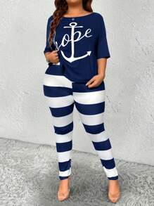Maweii Plus Size Nữ Mùa Hè In Chữ Xoắn Lưng Rời Áo Thun Và Sọc Quần Dài Thường Ngày 2 Bộ - Xanh và trắng - Xem 6