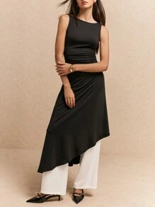 Poéselle Robe midi évasée sans manches à col ras-du-cou unie pour femmes, vêtement chic et essentiel sans effort, élégante Bridgerton