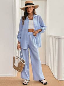 SHEIN Frenchy Winter Set Women Clothes Women Blouses Women's Solid Color Single-Breasted Roll-Up Sleeve Shirt And Wide-Leg Pants Fall Women Outfits Winter Women Sets Winter Two Pieces Sets Long Sleeve Set Casual - Blue and White - View 3