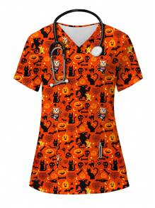 PopScrub Blusa casual con bolsillo de manga corta y cuello en V con estampado de calabaza para mujer