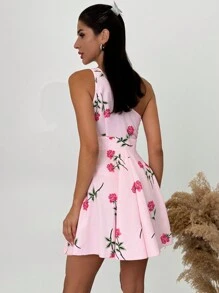 SHEIN Privé 女士夏季休闲优雅度假浪漫婚礼花卉印花不对称 A 字迷你连衣裙 - 粉色 - 查看 2