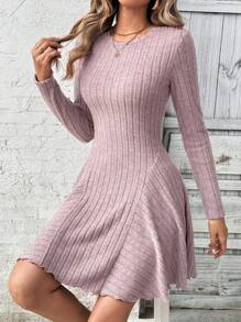 SHEIN LUNE Women's Fall Solid Color Ribbed Round Neck Long Sleeve Casual Mini Dress - Baby Pink - View 5
