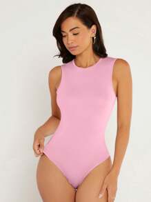 SHEIN BASICS Women's Round Neck Sleeveless Casual Solid Color Bodysuit - Pink - View 4