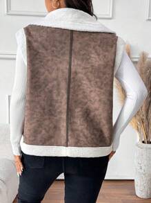 SHEIN Frenchy Plus Size Sleeveless Leather And Fur Lapel Jacket, Autumn/Winter