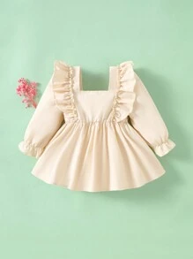 SHEIN Áo thun thường ngày thêu hoa viền bèo nhún cho bé gái, mùa xuân thu - Màu be - Xem 2