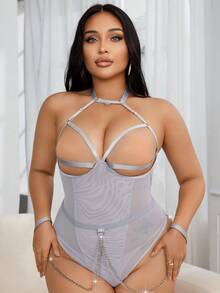大码 Y2K 内衣，性感魅力，半透明，带链条装饰 - 淺灰色 - 查看 5