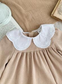 SHEIN LMoss Kids LMoss Baby Girl Cute Camel Color Corduroy Patchwork Peter Pan Collar Long Sleeve Dress, Autumn/Winter - Apricot - View 5