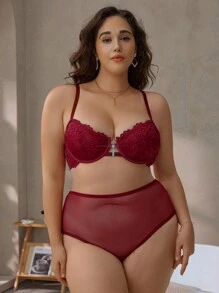 Plus Size Lingerie Set, Romantic & Simplistic Lace Patchwork Front Button, Comfortable Daily Wear - Burgundy - View 3