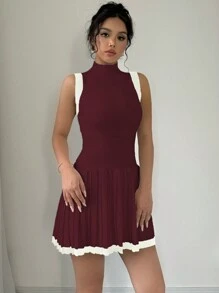 Elenzga Váy len xếp ly không tay cổ đứng phối màu đơn giản mùa thu - Màu Đỏ Sâu - Xem 3