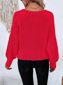 EMERY ROSE Áo len cardigan dáng rộng đơn hàng khuy đơn tay đèn lồng màu trơn cho nữ, trang phục thu đông năm mới - Đỏ - Xem 2