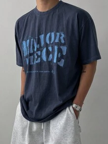 DAZY 男士夏季休闲标语印花短袖 T 恤返校 - 藏蓝色 - 查看 6