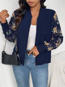 SHEIN Frenchy Chaqueta de béisbol con bloques de color e impresión floral para mujeres de talla grande, para primavera y otoño