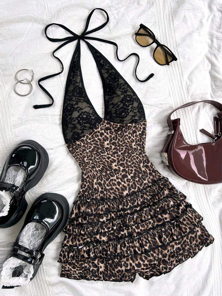 Soleia Multicolor Vintage Lace V-Neck Halter Tied Leopard Print Pleated Ruffle Hem Romantic Casual Vacation Vintage Women's Jumpsuit | SHEIN USA