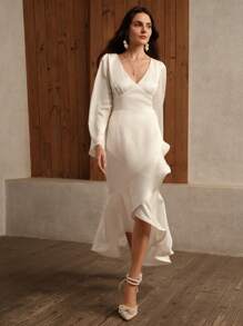 Anewsta Elegant Satin Ruffle Waist Slimming Long Dress For Women - White - View 1