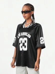 Muchica Women's Y2K Blokecore Oversized Motorcycle Racing Big Number Print Metal Material T-Shirt - Black - View 3