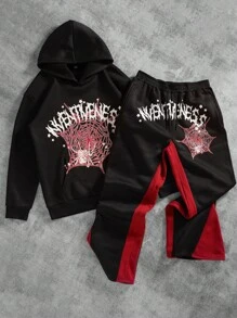 Manfinity Roghcode Men's Letter & Spider Web Printed Hoodie Sweatshirt And Sweatpants Set, Casual Loose Fit, Autumn Winter - Multicolor - View 3