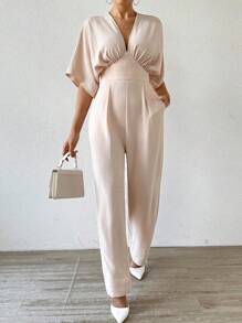 SHEIN Privé Deep V-Neck Ruched Waist Batwing Sleeve Elegant Office Jumpsuit