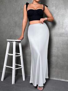 Glamine 女士优雅缎面半身裙，百搭鱼尾裙摆半身裙，日常穿着 - 銀色 - 查看 4