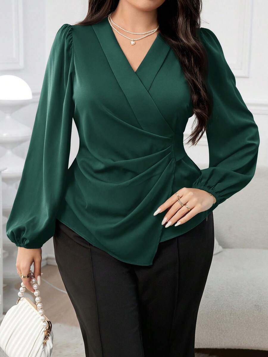 Modelyn Plus Size Women Spring Summer Solid V-Neck Lantern Sleeve Asymmetric Ruched Elegant Office Shirt - Dark Green - View 1
