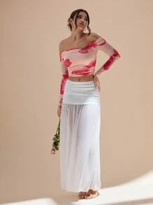 Glamine 1 件女式露肩网眼抽象线条印花优雅百搭褶皱腰休闲 T 恤，春季/秋季 - 彩色 - 查看 7
