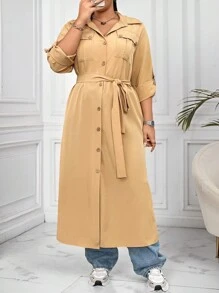 SHEIN Unity Plus Size Casual Solid Color Dress - Khaki - View 3