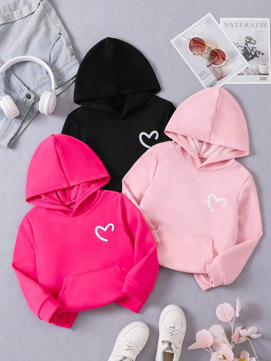 SHEIN 3 件套儿童年轻女孩经典简约舒适连帽运动衫套装，秋冬 - 彩色 - 查看 1