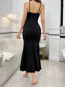 Lace Sheer Fitted Long Nightgown - Black - View 2