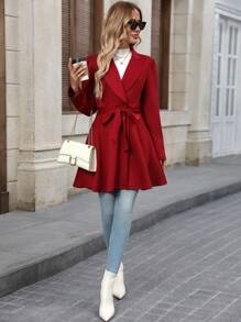 SHEIN Clasi Women's Solid Color Ruched Collar Puff Sleeve Elegant Regular Jacket For Autumn/Winter - Burgundy - View 4