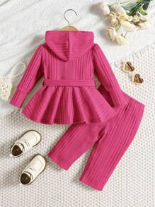SHEIN Leap Crew 2pcs Baby Girls' Solid Color Simple Knitted Hoodie Sweater And Pants Set, Autumn/Winter - Hot Pink - View 2