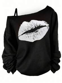 INAWLY 大码女式不对称领口嘴唇印花 T 恤