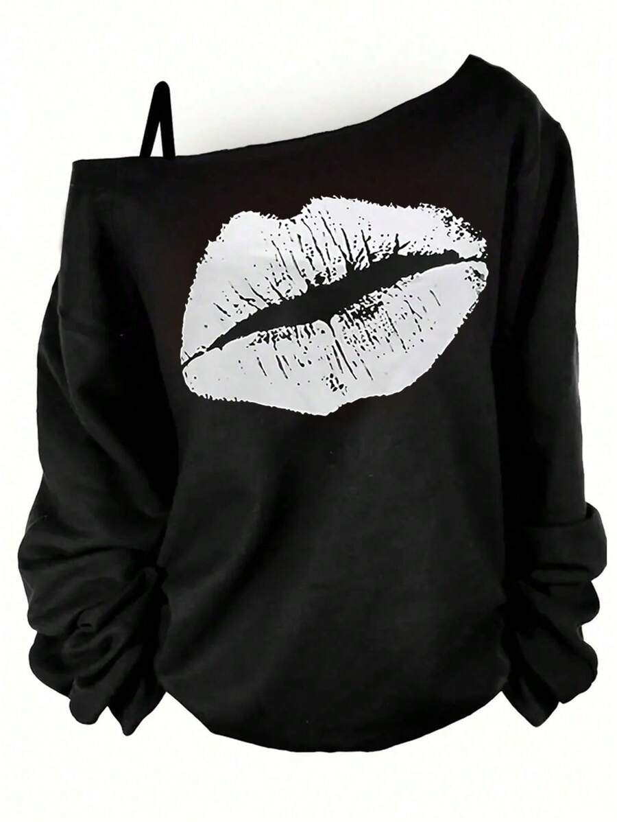 INAWLY 大码女式不对称领口嘴唇印花 T 恤