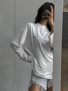 DAZY Áo thun dài tay hở vai in chữ dáng rộng thoải mái cho nữ, Quần áo mùa xuân và mùa hè, Quần áo mùa thu, Quần áo trở lại trường, Áo phông kiểu học sinh - trắng - Xem 1