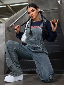 SHEIN EZwear 女士宽松工装口袋直筒工装裤牛仔连体裤 - 藍色 - 查看 2