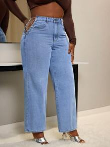 SHEIN SXY Jeans sueltos casuales rectos con diseño de cadena de ojales para mujer de talla grande