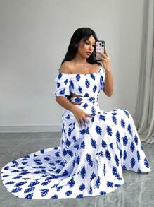 Elenzga Vestido largo de verano de mujer con estampado, hombros descubiertos, cordón en la cintura y diseño hueco
