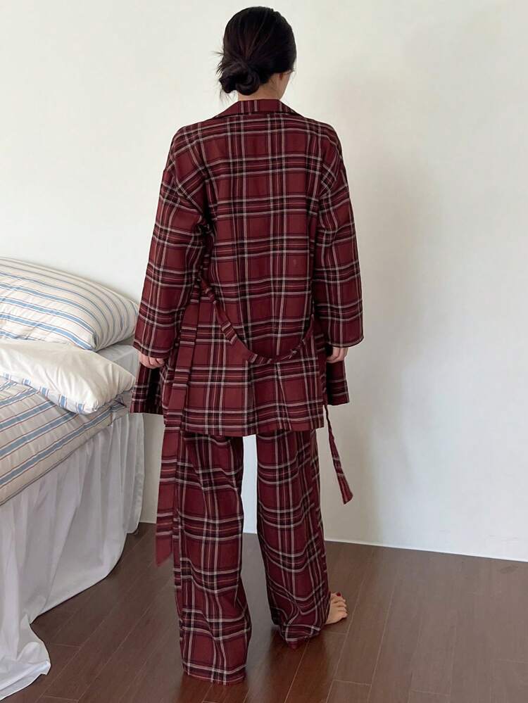 Women's Plaid Cardigan Top And Pants Comfy 2-Piece Loungewear Set Christmas,New Year Pajama