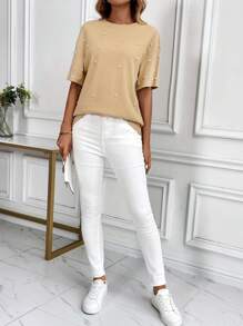 SHEIN LUNE 女士圆领短袖仿珍珠装饰休闲衬衫