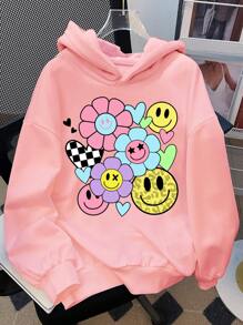 SHEIN Leap Crew Sudadera con capucha de ajuste holgado de manga larga gruesa, informal, con estampados de sonrisa, leopardo, corazón, floral y otoño en color rosa, adecuada para otoño/invierno para niña preadolescente
