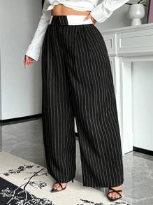 SHEIN SXY 大码女式条纹撞色腰带宽松休闲阔腿裤 - 紅白色 - 查看 5