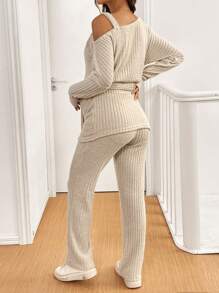 SHEIN 2pcs/Set Maternity Asymmetrical Neck Long Sleeve Top, And Pants Set - Apricot - View 2