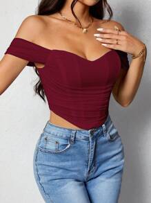 SHEIN PETITE 女款純色露肩百褶極簡上衣，休閒日常穿著，適合嬌小女性 - 酒紅色 - 查看 3