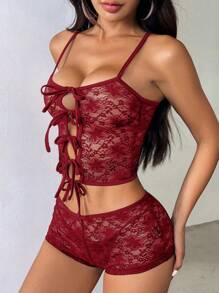 EgrlEra Women's Lace Front Tie Hollow Out Cami And Shorts See-Through Lingerie Set, Summer Y2K Outfit  - Burgundy - View 5