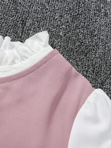 Vestido Casual de Manga Longa com Gola Franzida e Abotoamento Duplo, Estilo Color Block, para Meninas Pré-Adolescentes na Primavera/Verão - Rosa chiclete - Visão 7