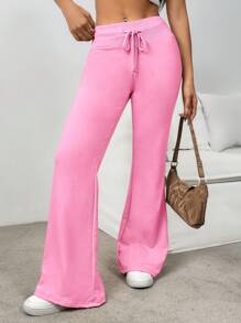 SHEIN EZwear Drawstring Waist Flare Leg Sweatpants - Pink - View 4