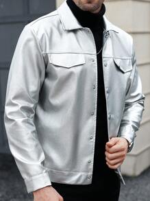 Manfinity Homme Men's Solid Color Button-Front Long Sleeve Faux Pocket Minimalist Jacket - Silver - View 6