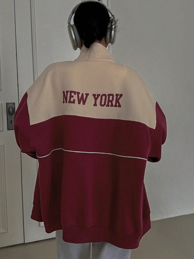 Women's Contrast Color Letter Print Casual Loose Fit Jacket,Fall Clothes Women Coats