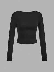 SHEIN EZwear 2 件套露背圆领长袖短款修身女式 T 恤，适合春秋季节 - 彩色 - 查看 5