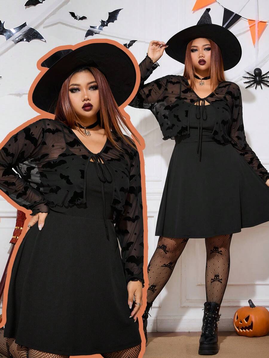 SHEIN EZwear Plus Size Women Black Jacket & Dress 2pcs Set, Halloween Clothes, Halloween Curve, Fall Two Pieces Sets, Bat, Mesh, Witchy Clothes