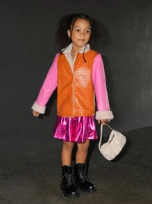 SHEIN Explorewe Y2K 风格甜美时尚女孩保暖内衬短夹克，橙色和粉色拼布设计，适合冬季、街头、派对、宴会和防风